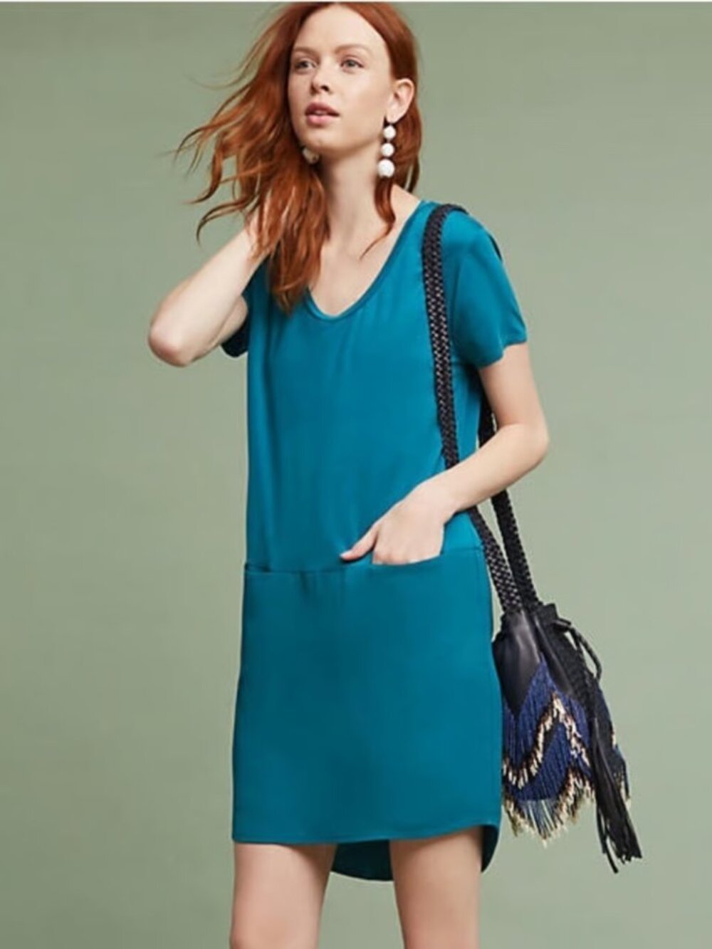 Dolan Anthropologie Loren Teal Drop Waist Tunic T-Shirt Dress Size L